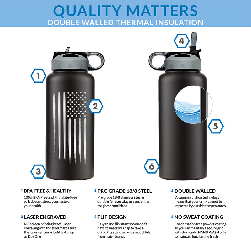 32 oz American Flag Double Wall Vacuum Insulated Stainless Steel Water Bottle