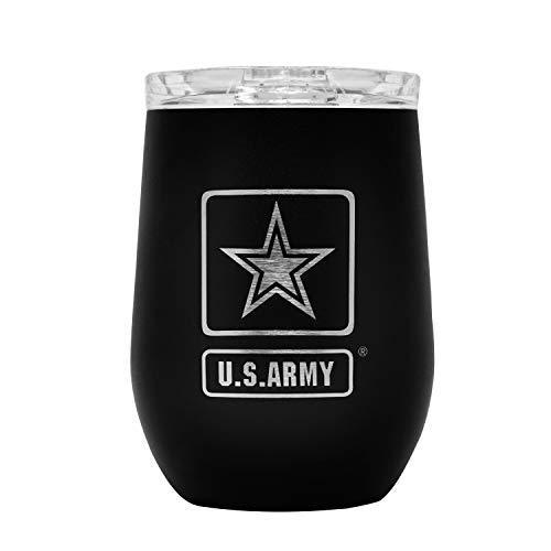 Army Steel Stemless Wine Glass Tumbler, 12 oz Double Wall Vacuum Insulated –Matte Black with Army logo and Lid