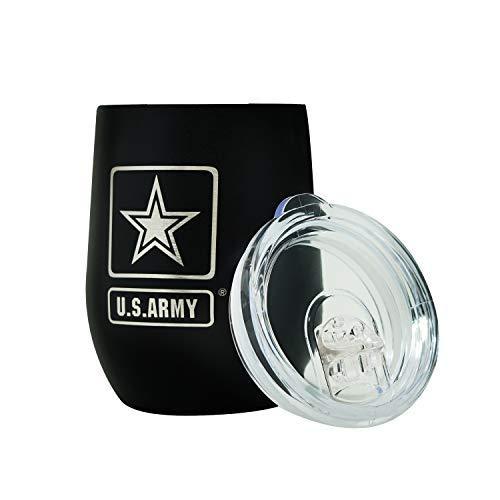 Army Steel Stemless Wine Glass Tumbler, 12 oz Double Wall Vacuum Insulated –Matte Black with Army logo and Lid