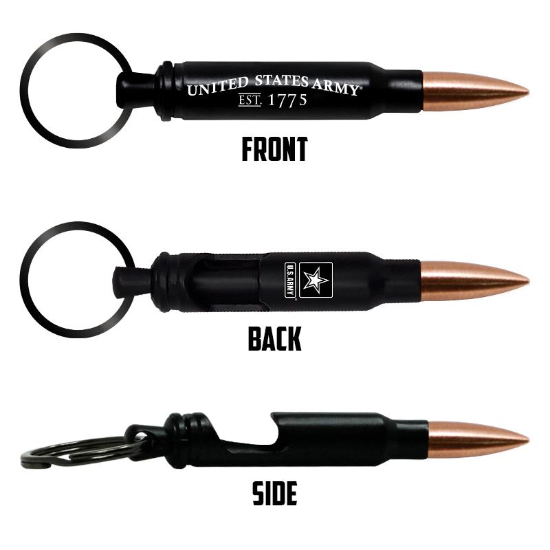 US Army 5.56 Bullet Cartridge Replica Bottle Opener Keychain Front Back and Side 